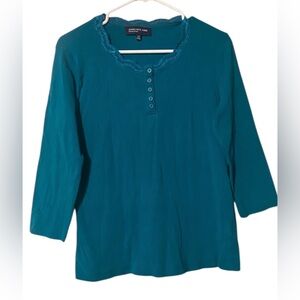 Y2K Henley Top Lace Trim Jones New York Womens Large Blue 3/4 Sleeve 100% Cotton
